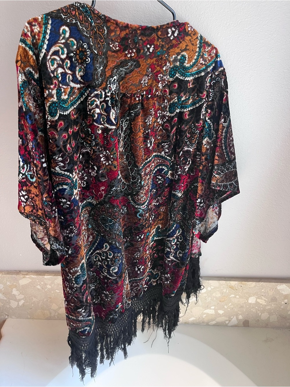 Wrangler Multicolor Velvet Paisley Open Cardigan with Black Fringe